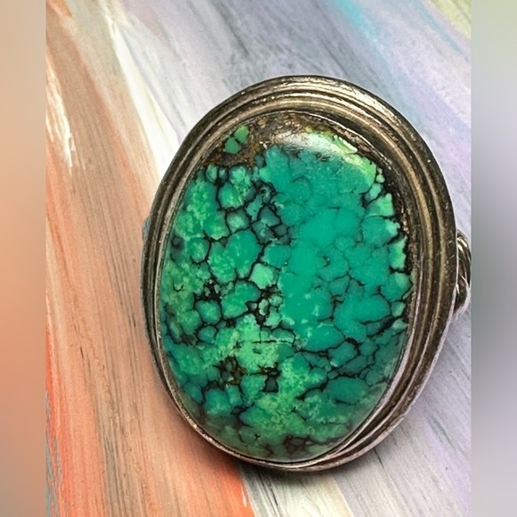 Turquoise Ring 12.6g Oval Cabochon Natural Spider Web Tibetan Green Sz 6.25 4077 - Picture 6 of 13